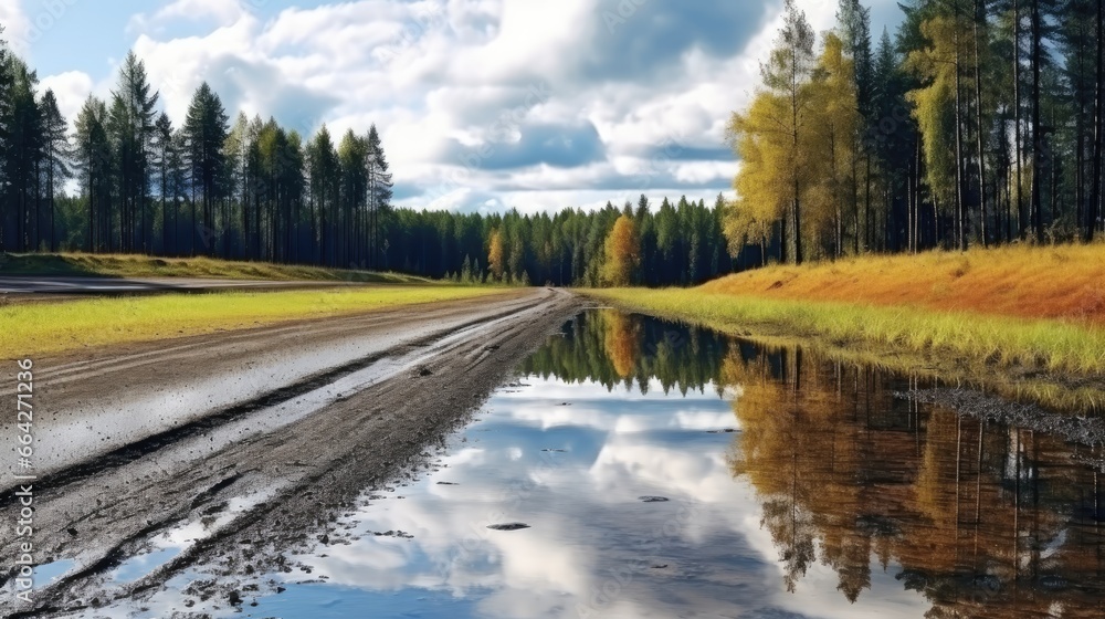 Autumn rain creates puddles on forest road under dramatic sky Autumn rain creates puddles on forest road under dramatic sky