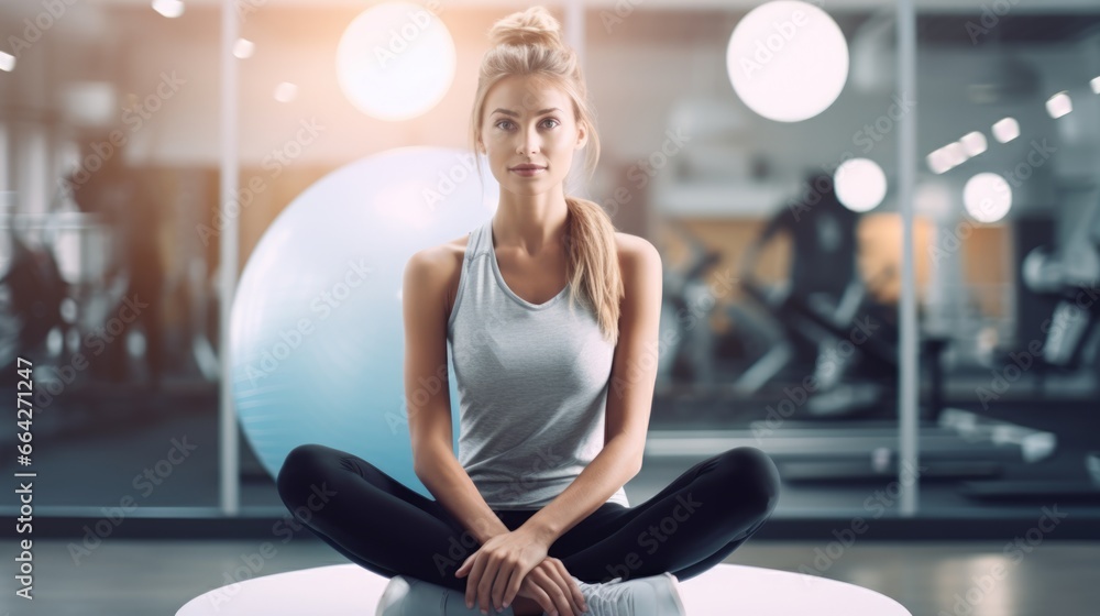 A woman sitting with a yoga ball, practicing exercises in a gym. Fictional characters created by Generated AI.