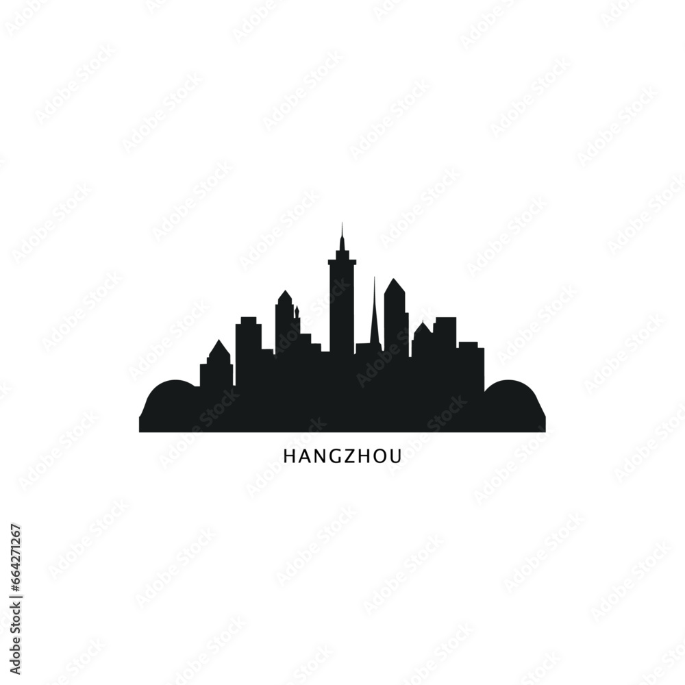 China Hangzhou cityscape skyline city panorama vector flat modern logo icon. Asia metropolis emblem idea with landmarks and building silhouettes. Isolated graphic