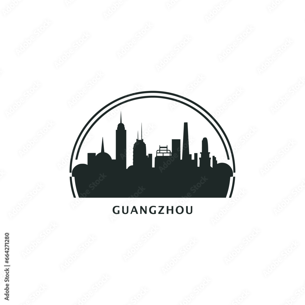 China Guangzhou cityscape skyline city panorama vector flat modern logo icon. Asia metropolis emblem idea with landmarks and building silhouettes. Isolated black graphic