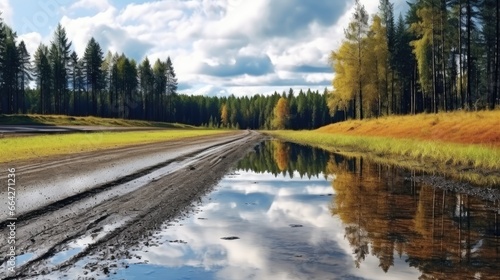 Autumn rain creates puddles on forest road under dramatic sky