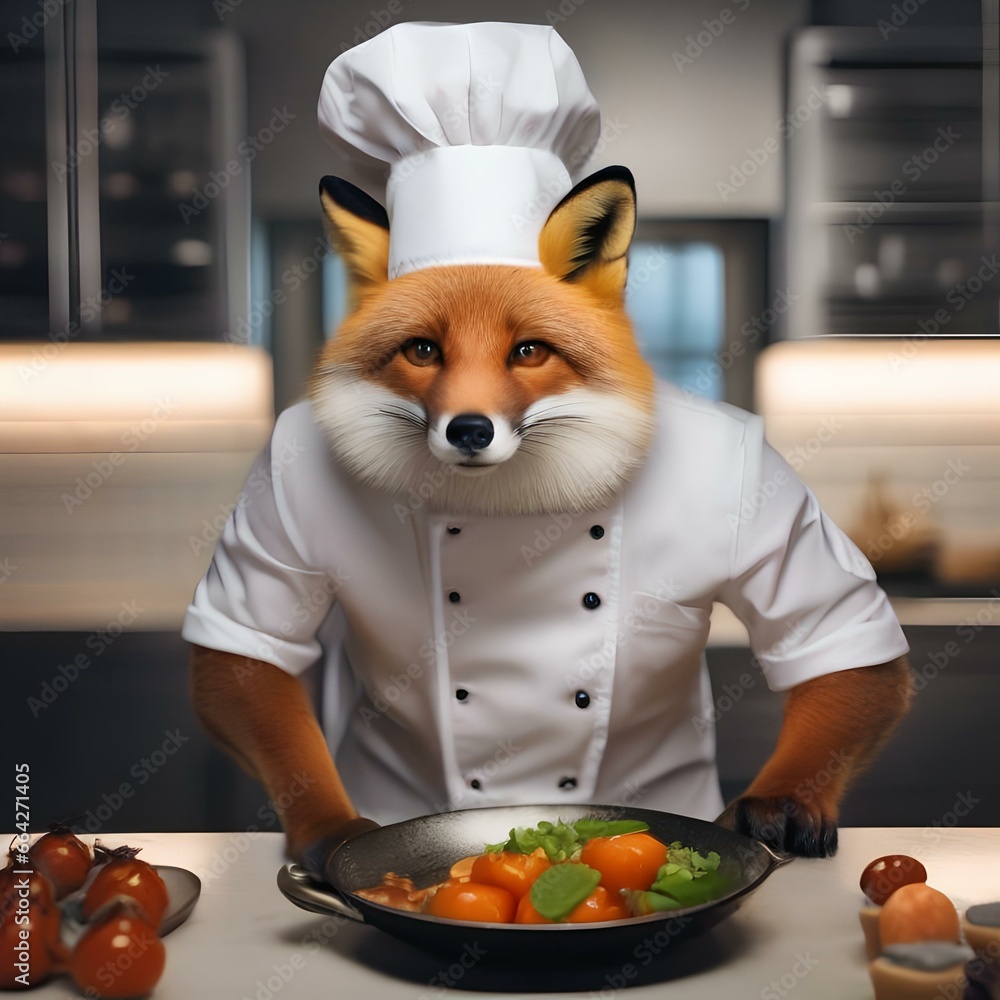 A fox in a chef's toque and apron, expertly preparing a gourmet meal3 - obrazy, fototapety, plakaty 