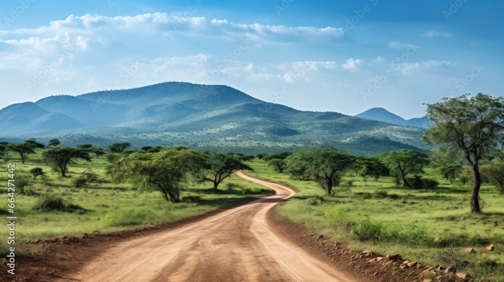 A scenic safari road through a lush jungle in Sariska National Park India with visible ruts green grass trees and mountains in the distance under a blue sky