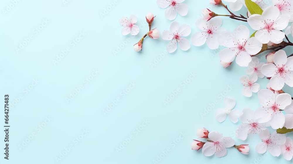 Fototapeta premium Blank paper with pink flowers on a pastel blue background arranged flat and viewed from above with space for text