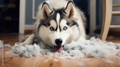 Annual shedding of pets coats during the molt Grooming the undercoat of a Siberian husky Combing boy removes wool Husky lies on floor eyes wide with fear photo