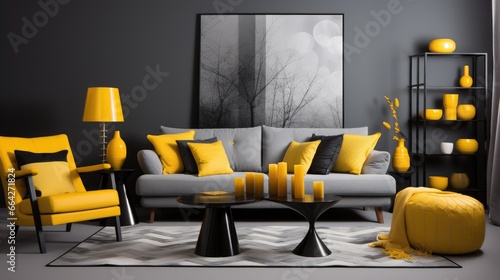 Black and white patterned decorations accessorize a grey living room with a sofa chairs standing lamp and small table highlighted with yellow accents