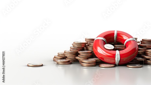Coins stacked in a red life...