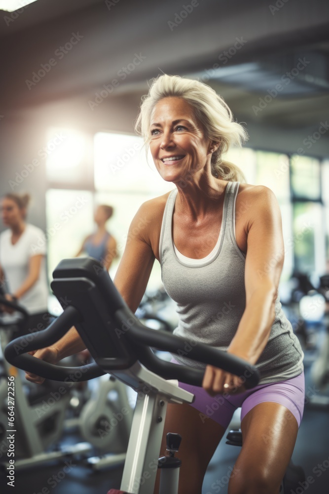 Satisfied woman exercising on a bike in a gym. Fictional characters created by Generated AI. Satisfied woman exercising on a bike in a gym. Fictional characters created by Generated AI.