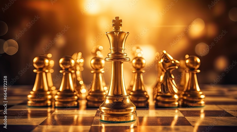 Chessboard with chess pieces and dim golden light representing the concept of chess strategy Chessboard with chess pieces and dim golden light representing the concept of chess strategy