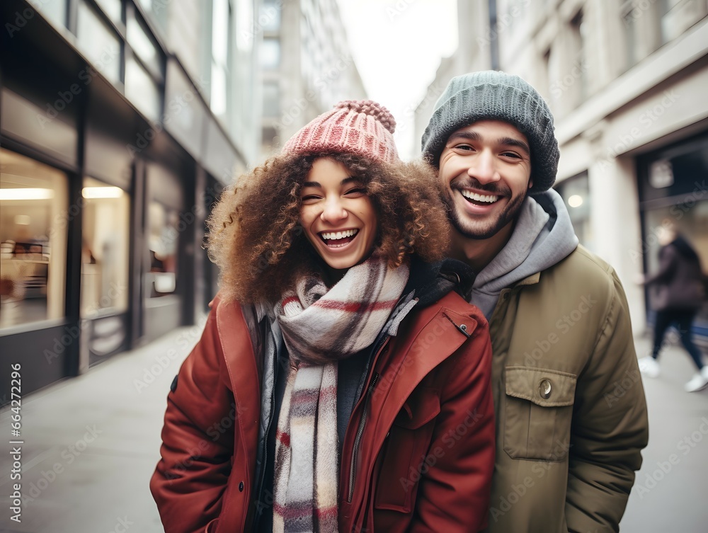 laughing couple walking happily on the street in the city laughing couple walking happily on the street in the city