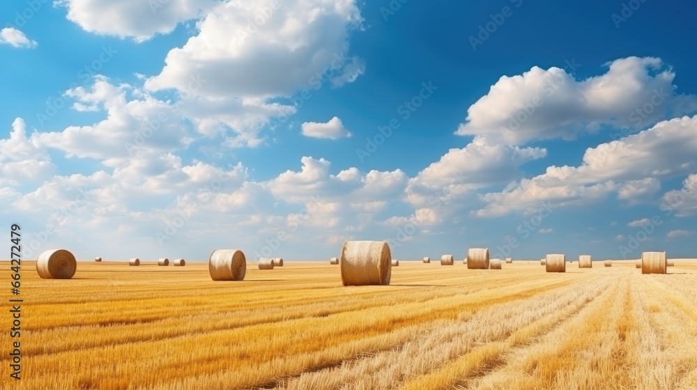 Autumn rural panorama with golden wheat haystacks under a sunny sky dotted with clouds