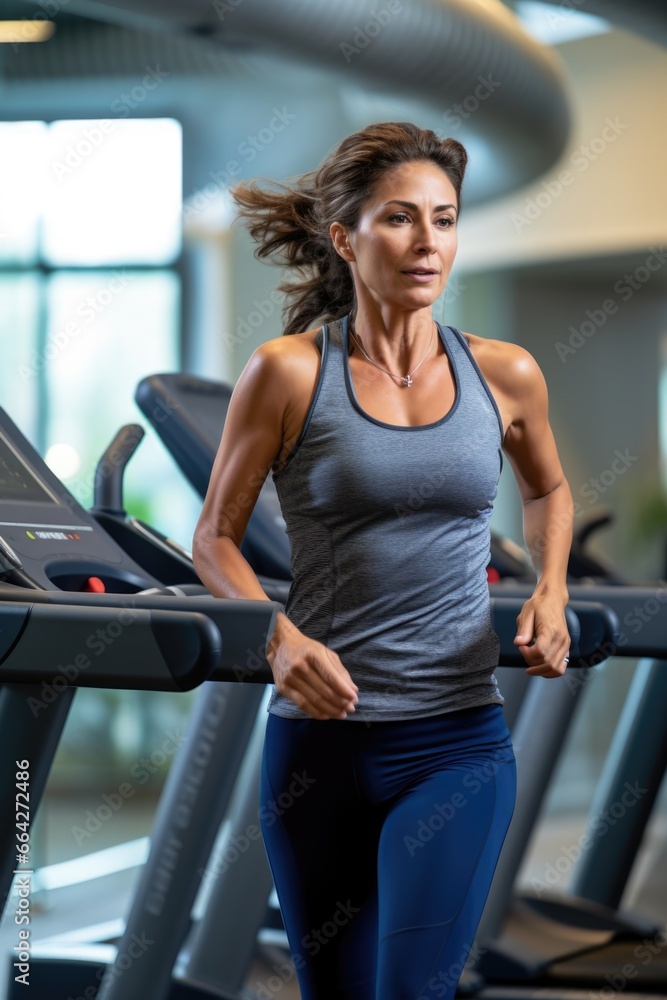 Female runner on treadmill in gym. Fictional characters created by Generated AI. Female runner on treadmill in gym. Fictional characters created by Generated AI.