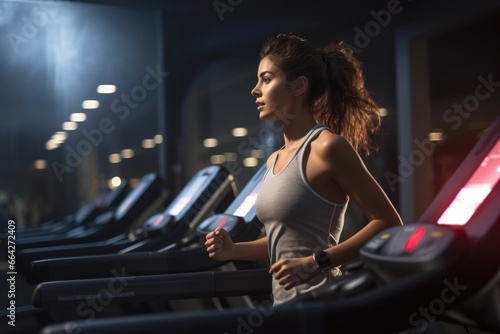 A woman running on a treadmill in a gym. Fictional characters created by Generated AI.