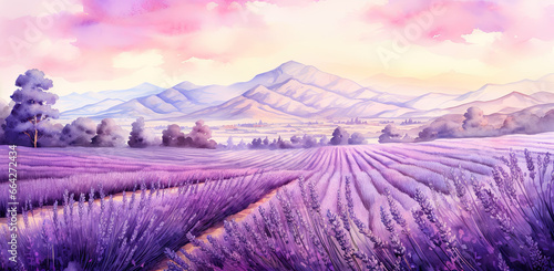 Watercolour lavender field flowers