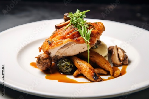 Plated chicken roast dinner on a white plate with carrot and morel mushroom.