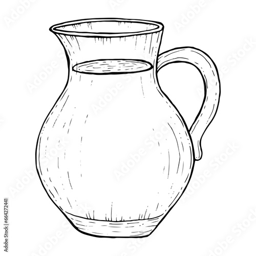 Vector jug with water, lemonade or juice black and white sketch illustration