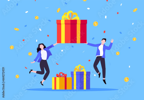 Earn loyalty program points, get online reward and gifts. Get loyalty card and customer service business concept flat design vector illustration. Tiny people won big gift box prize.