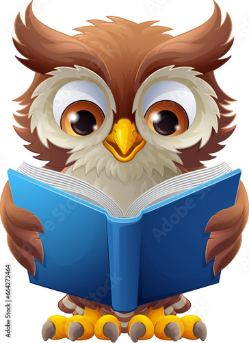 A wise owl bird cartoon cute character reading a book.