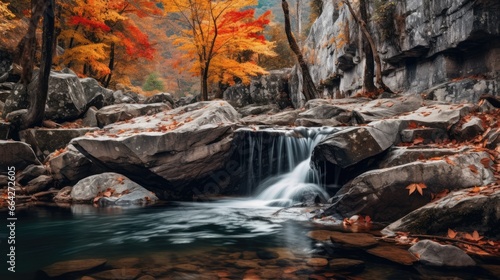 Autumn mountain waterfall with fallen leaves natural seasonal background