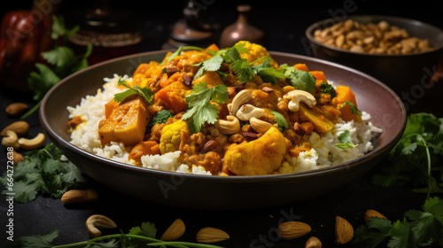 Cauliflower chickpea and butternut squash curry topped with peanuts served with rice and cilantro