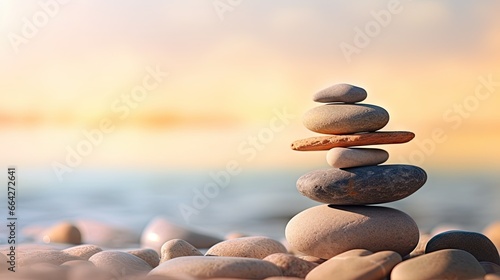 Balanced rock pyramid on beach sunny day clear sky at sunset Golden sea bokeh zen stones on shore spa harmony concept