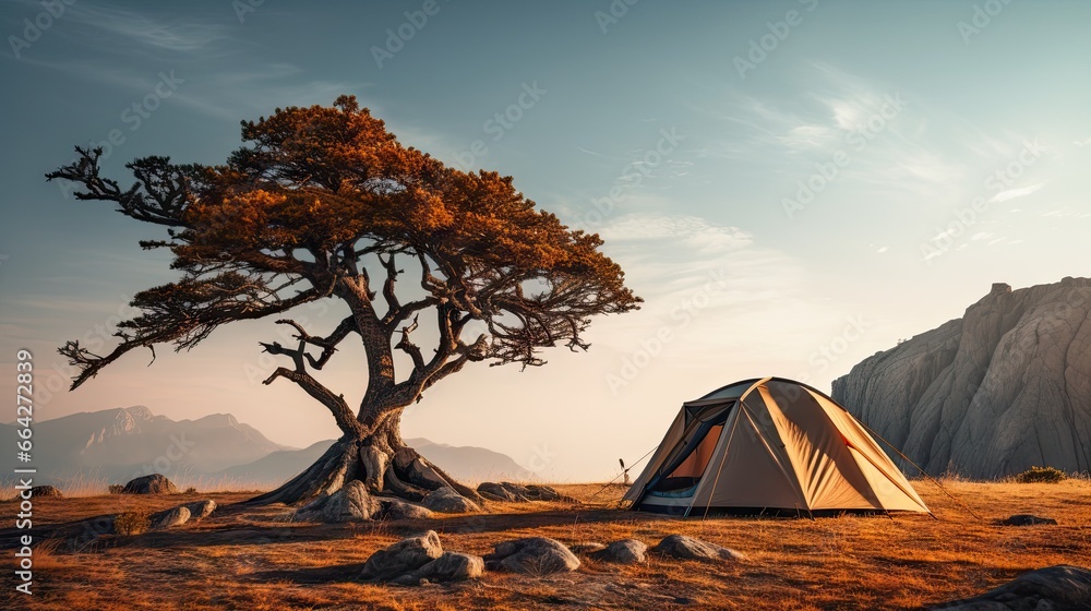 Camping tent on dry ground near big tree at lakeside campsite with mountains in the background without specific focus