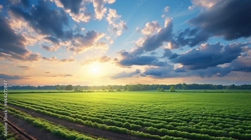 Agricultural fields in south Ukraine with greenery clouds and a sunset in the blue sky