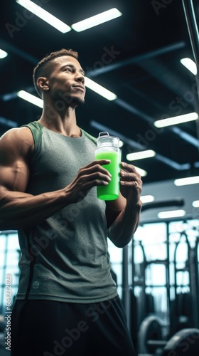 A Man Holding a Green Nutrition Shake in a Gym. Fictional characters created by Generated AI.