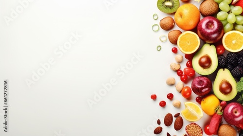 Assortment of healthy food on light background emphasizing diet concept
