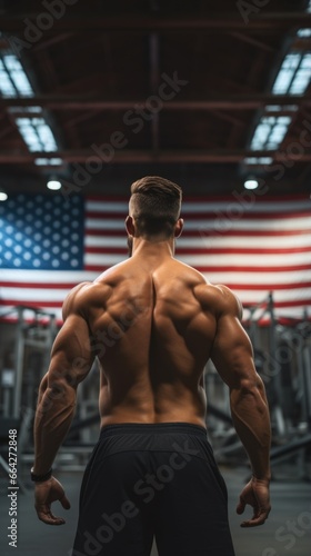 Muscle Man Standing in front of an American Flag. Fictional characters created by Generated AI.