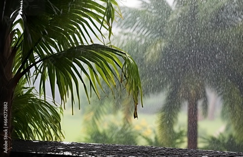 Rain in the tropics during the low season or monsoon season. Raindrops in a garden.