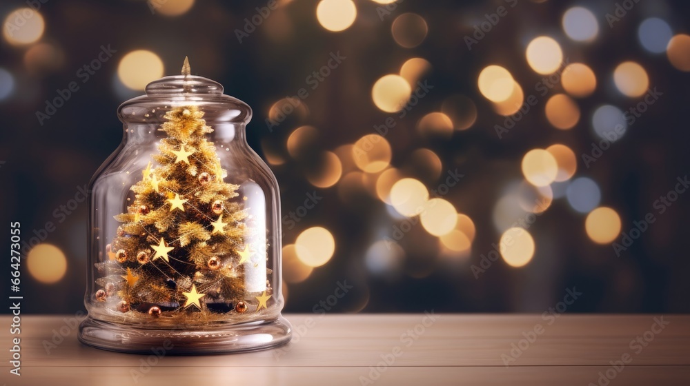 Christmas tree in glass jar with bokeh lights background copy space Christmas tree in glass jar with bokeh lights background copy space