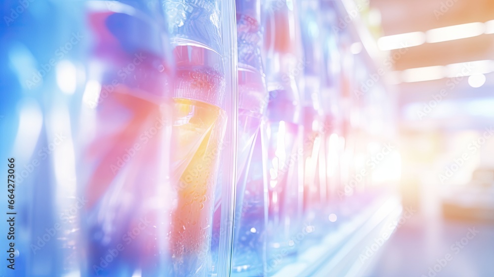 Obraz premium Blurred drink cooler in supermarket with glass background