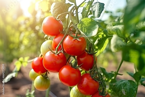 Fresh bunch of red natural tomatoes on a branch in vegetable garden.