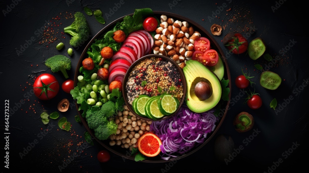 Buddha bowl with chicken quinoa avocado pumpkin tomato broccoli red cabbage chickpea radish lettuce and nuts Top perspective