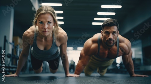 Fitness Center Scene with a Man and a Woman Engaging in Physical Exercise. Fictional characters created by Generated AI.