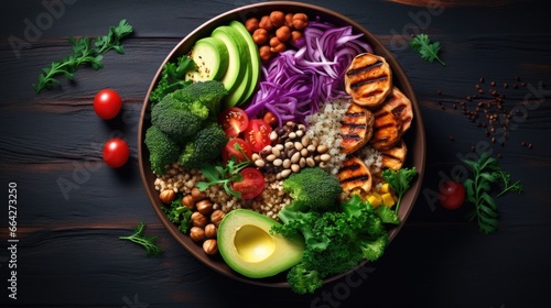 Buddha bowl with chicken quinoa avocado pumpkin tomato broccoli red cabbage chickpea radish lettuce and nuts Top perspective © vxnaghiyev