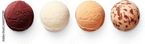 Set of four various ice cream balls or scoops isolated on white background.