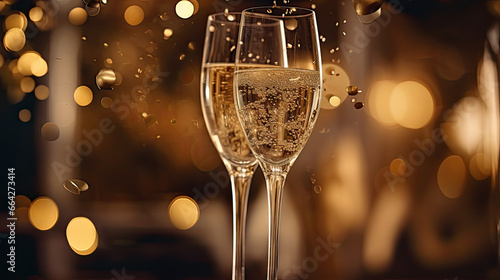 two glasses of sparkling wine on table  festive background  celebration
