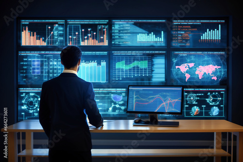 A business man watches monitors with quotes charts. Market analysis. Stock quote. Cryptocurrency rate. Global economic analysis.