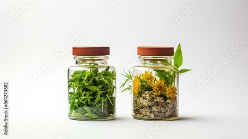 Comparing natural and synthetic medicine for health benefits on white background