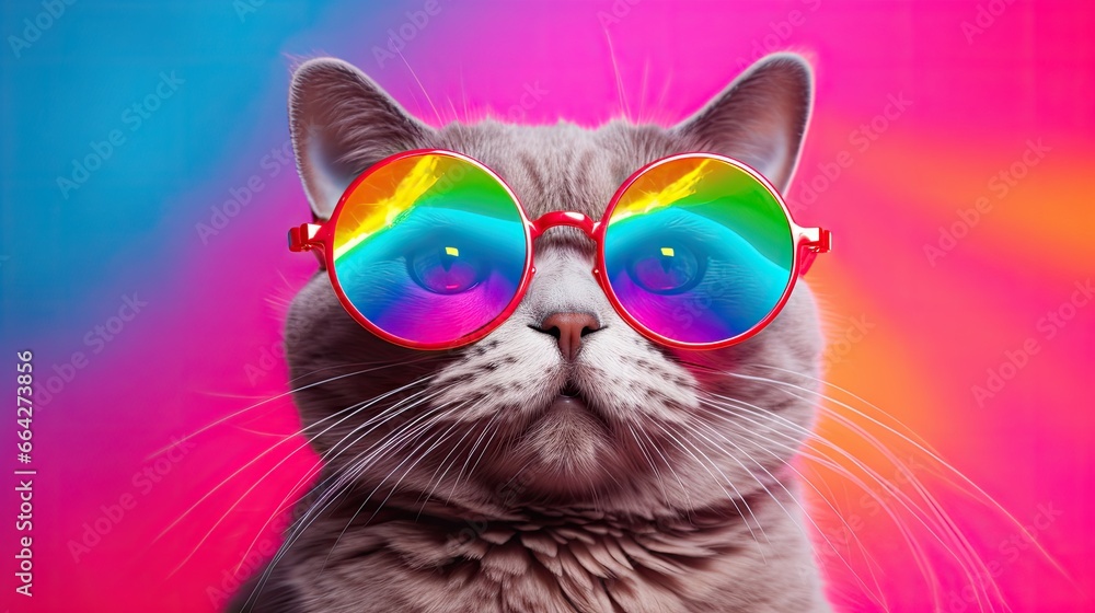 Artistic montage with a conceptual cat emitting rainbow light set against a pink background symbolizes LGBTQIA advocacy for freedom rights social concerns creativity and acceptance
