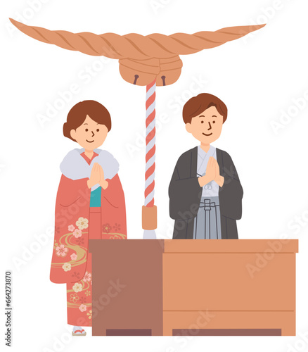 着物でお参りをする人物のイラスト