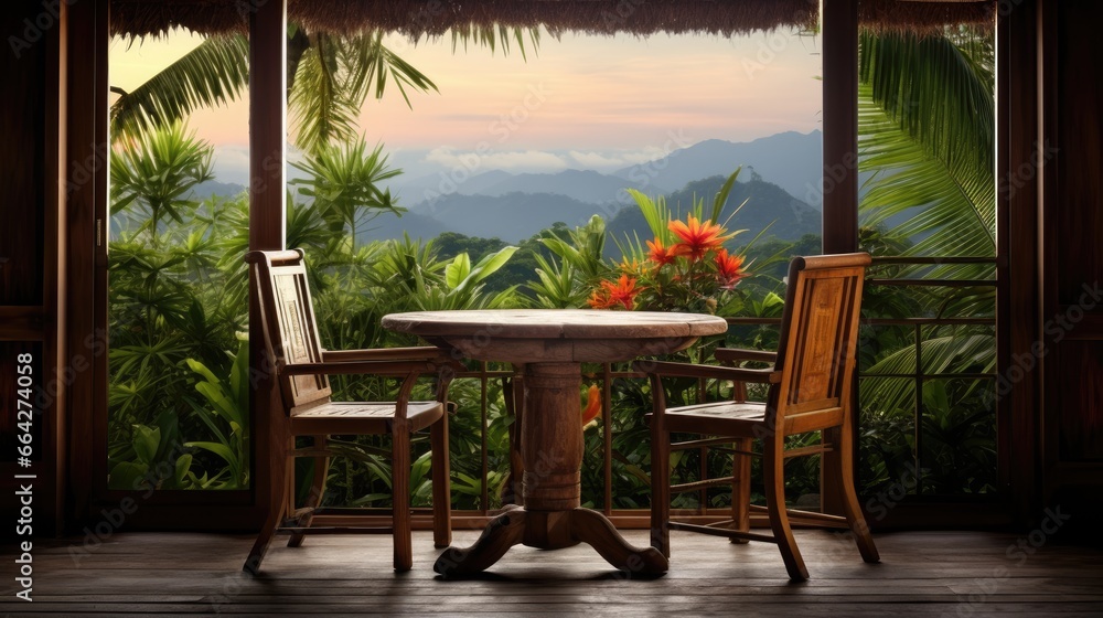 Balinese villa with wooden table chairs by window featuring nature view and potted tropical plant