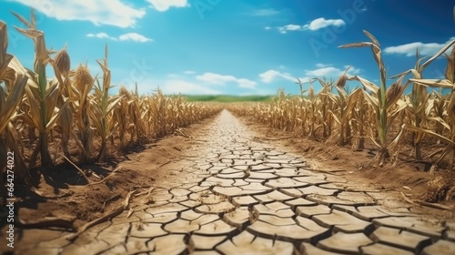 Concept of global food crisis due to corn crop failure in an agricultural field during drought heat and resulting in global economic crisis hunger and poverty