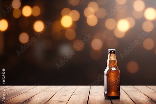 beer bottle on a classic wooden table, mockup style , vintage bokeh bar background