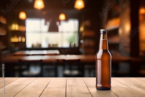beer bottle on a classic wooden table, mockup style , vintage bokeh bar background photo