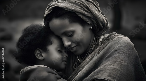 a deeply emotional moment between an Ethiopian mother and her child. black-and-white photo of baby in African mother's arms. generative AI