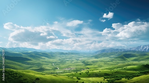 Beautiful mountainous landscape photo with blue sky and clouds