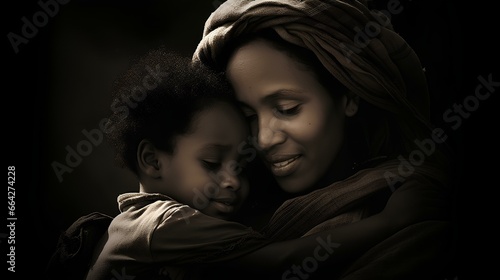 a deeply emotional moment between an Ethiopian mother and her child. black-and-white photo of baby in African mother's arms. generative AI